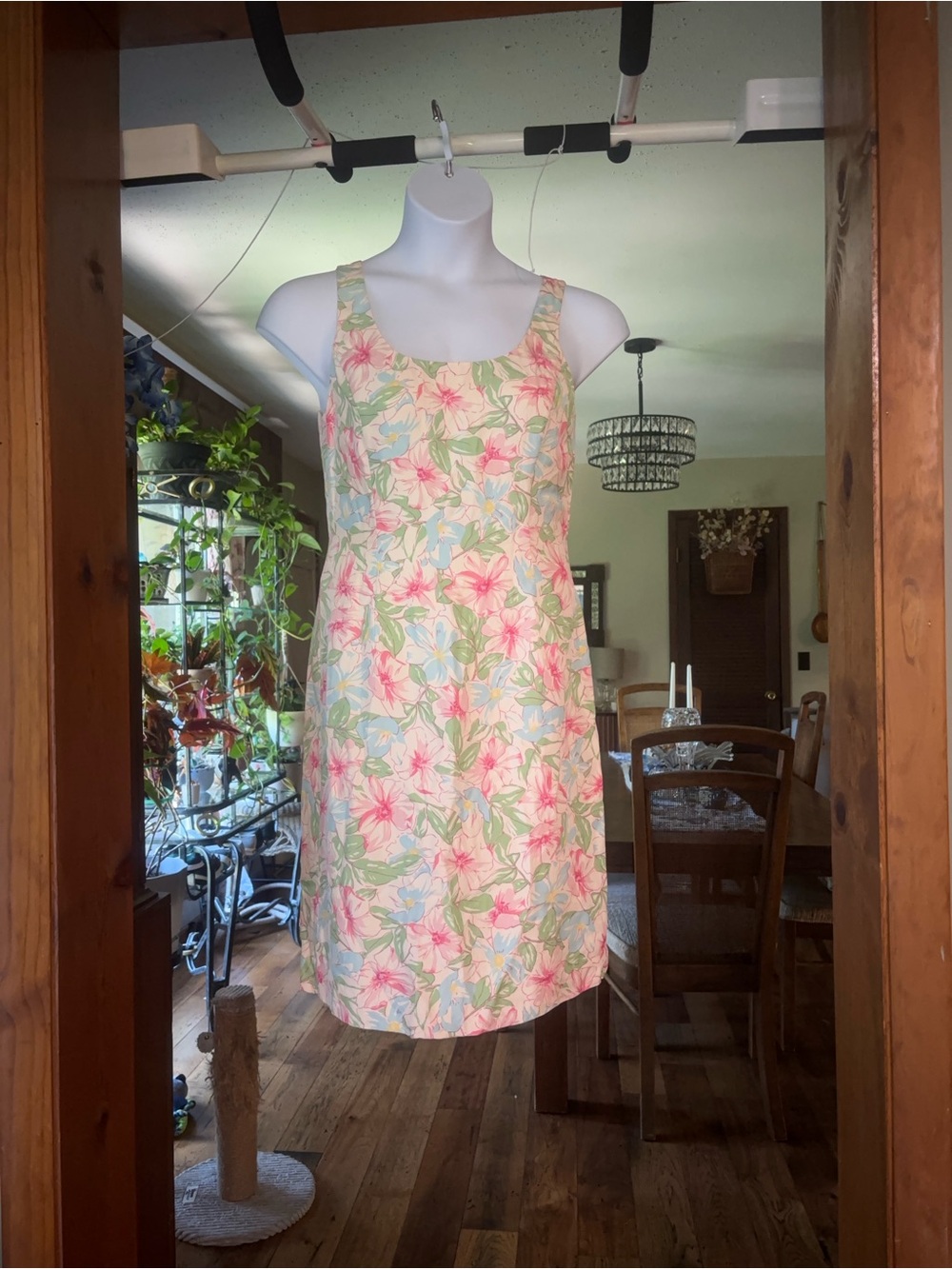 Vintage Ann Taylor Silk Lined Floral Pink & Green Sleeveless Shift Dress Size 8
